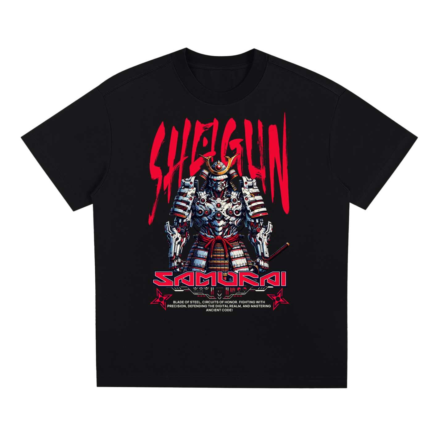 T-shirt oversized noir Shogun Samurai, samouraï mecha rouge et blanc imprimé pleine poitrine