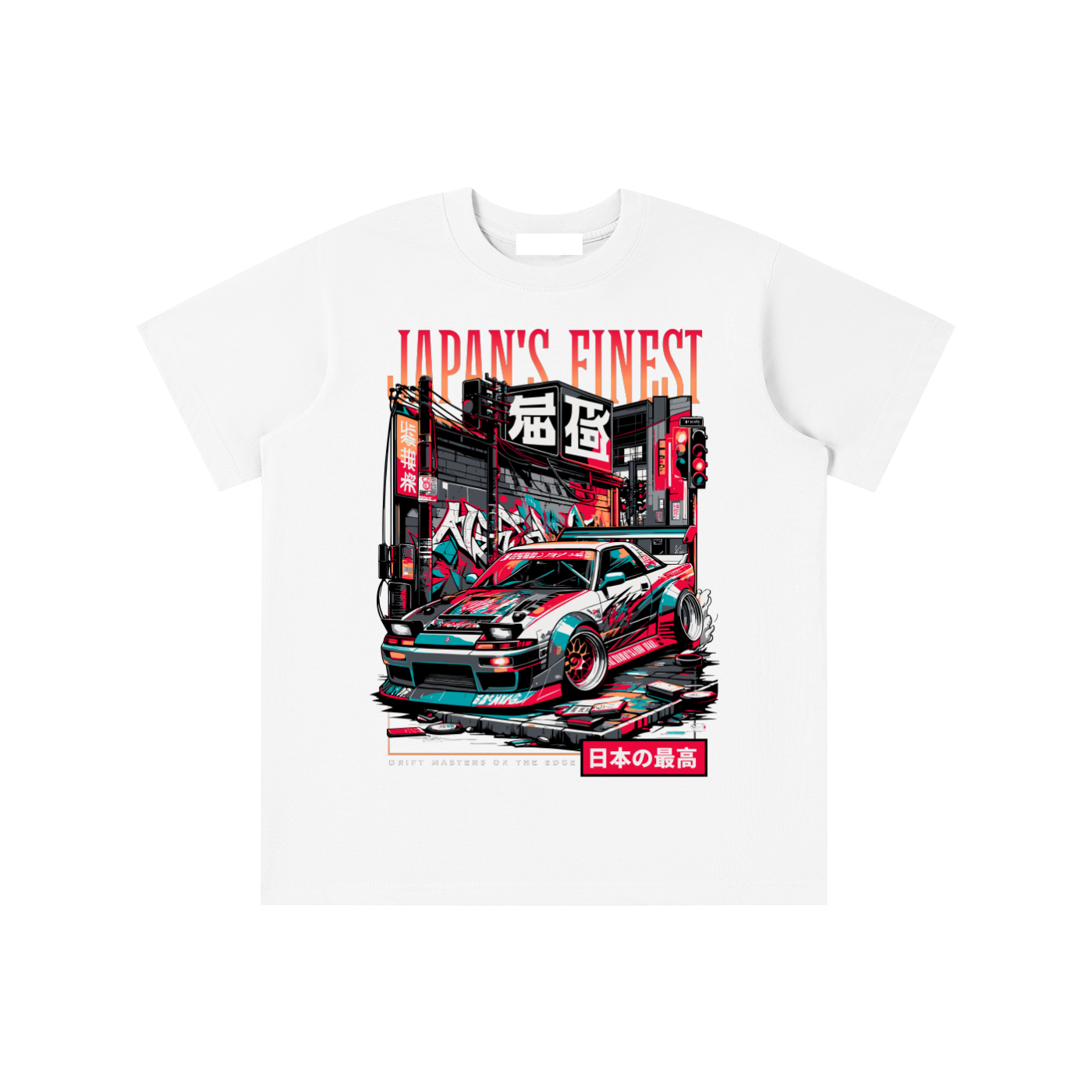 T-shirt oversized enfant Japan's Finest en blanc - imprimé voiture JDM dans une rue en néons