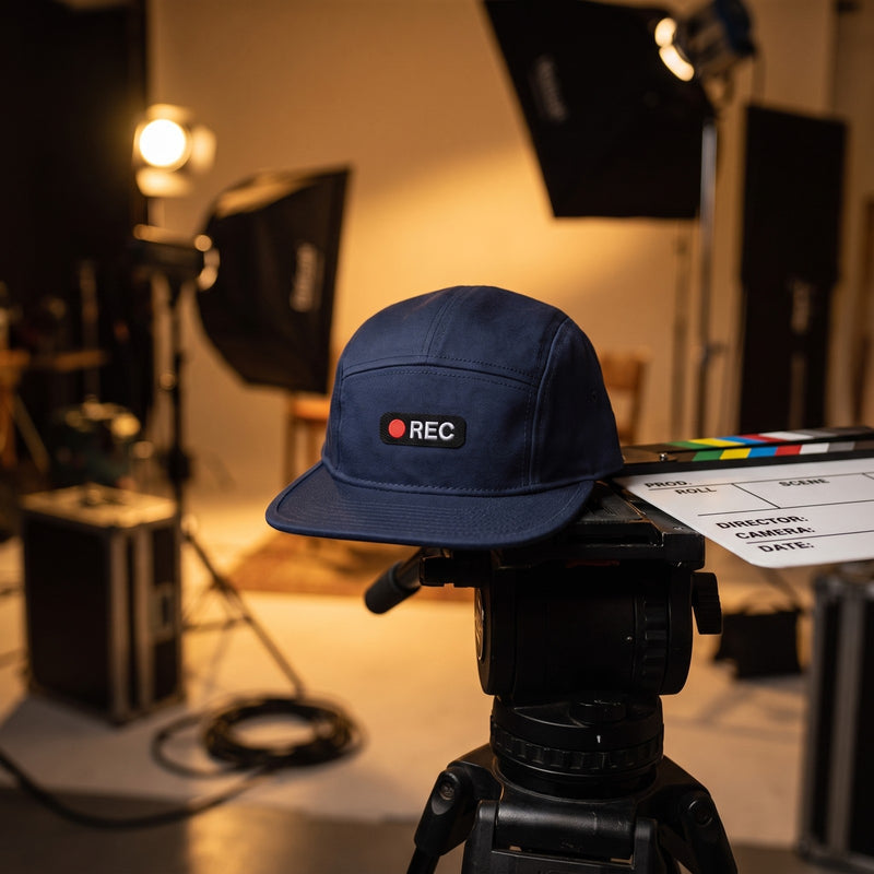 Casquette 5 panel bleu marine avec un patch rectangulaire noir REC et pastille rouge d'enregistrement posée sur la poignée d'une caméra vidéo à côté d'un clap sur un plateau de tournage, lumière chaude tamisée - CHT'M Boutique