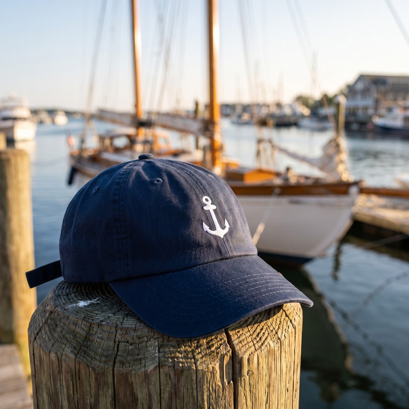Casquette baseball bleu marine brodée d'une ancre blanche posée sur un poteau de ponton en bois dans un port avec un voilier flou derrière, lumière fraîche du matin - CHT'M Boutique