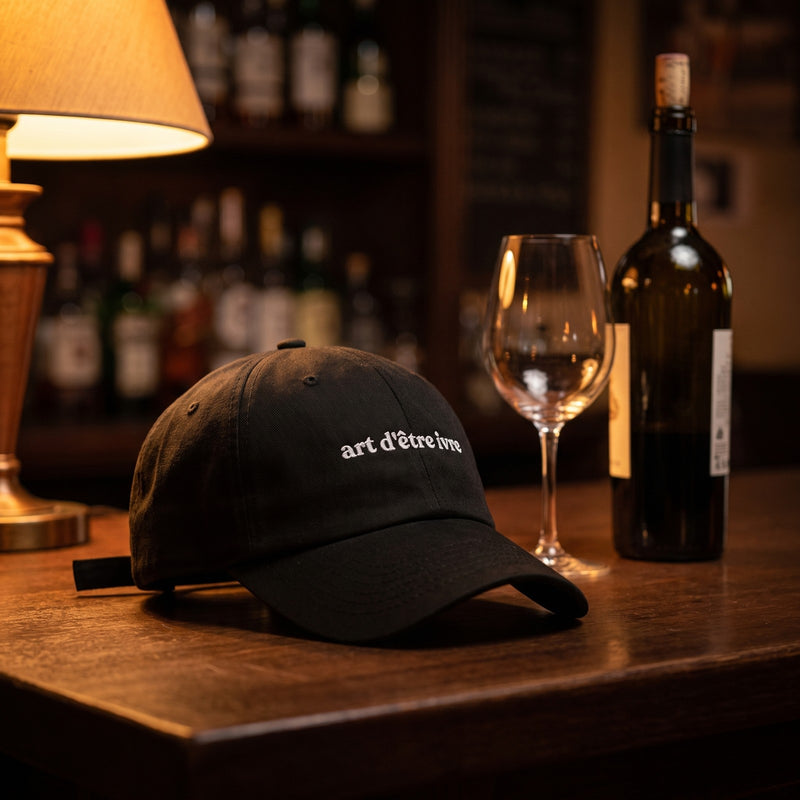 Casquette baseball noire brodée art d'être ivre en minuscules blanches avec empattements posée sur une table de bar à côté d'un verre de vin vide et d'une bouteille entamée, lumière ambrée tamisée - CHT'M Boutique