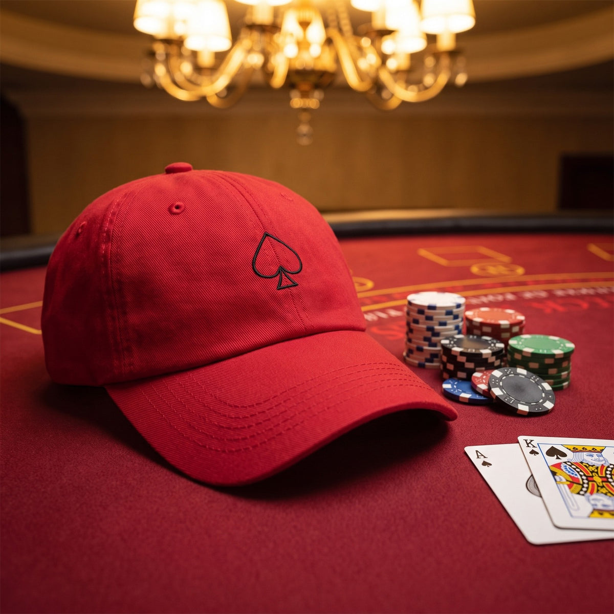 Casquette baseball rouge brodée d'un pique noir au trait posée sur un tapis rouge de blackjack à côté d'une pile de jetons et de deux cartes, lumière chaude - CHT'M Boutique