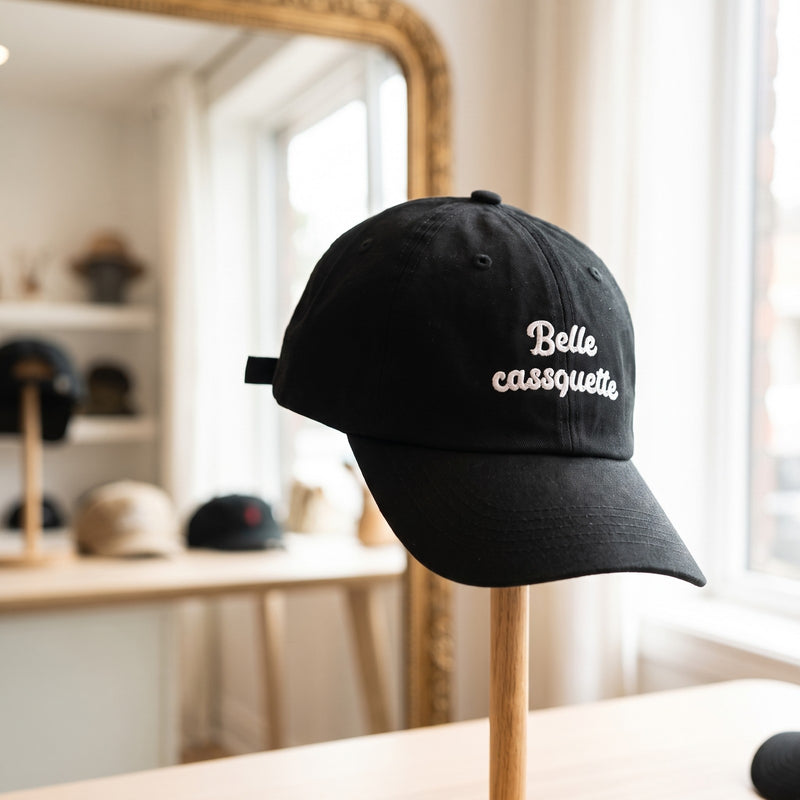 Casquette baseball noire brodée Belle casquette en écriture blanche sur deux lignes posée sur un présentoir à chapeaux dans une boutique lumineuse avec un miroir derrière, lumière douce du jour - CHT'M Boutique