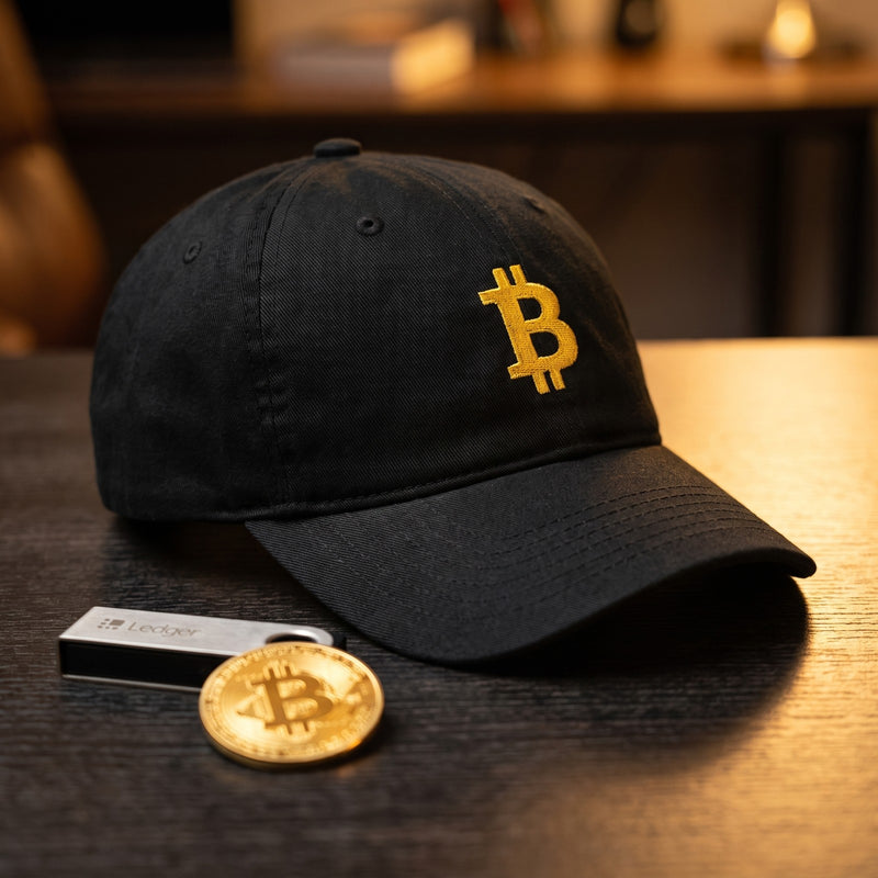 Casquette baseball noire brodée du symbole Bitcoin doré posée sur un bureau sombre à côté d'un portefeuille matériel crypto et d'une pièce dorée avec une lueur dorée chaude - CHT'M Boutique