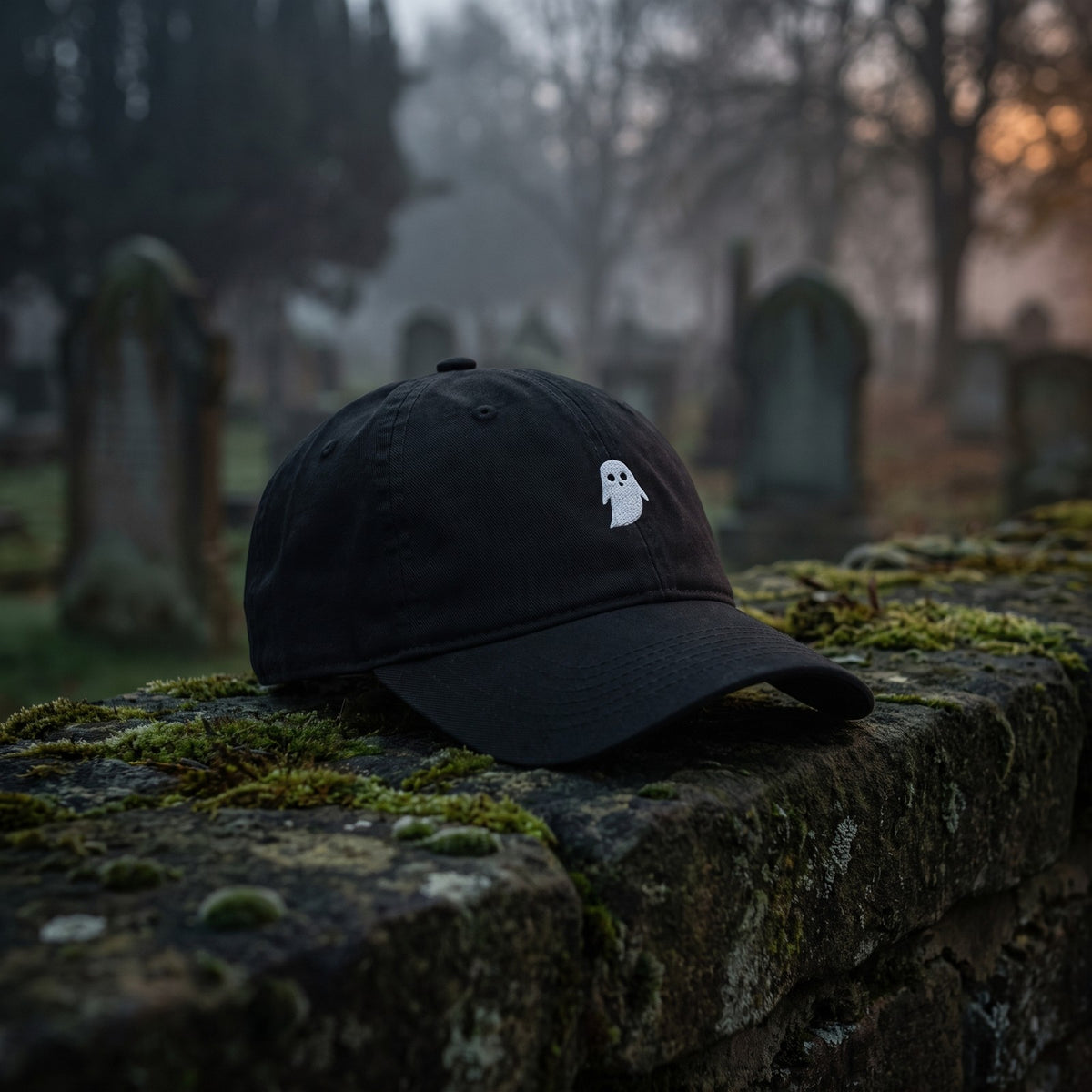 Casquette baseball noire brodée d'un petit fantôme blanc posée sur un muret de pierre moussu dans un cimetière brumeux au crépuscule - CHT'M Boutique