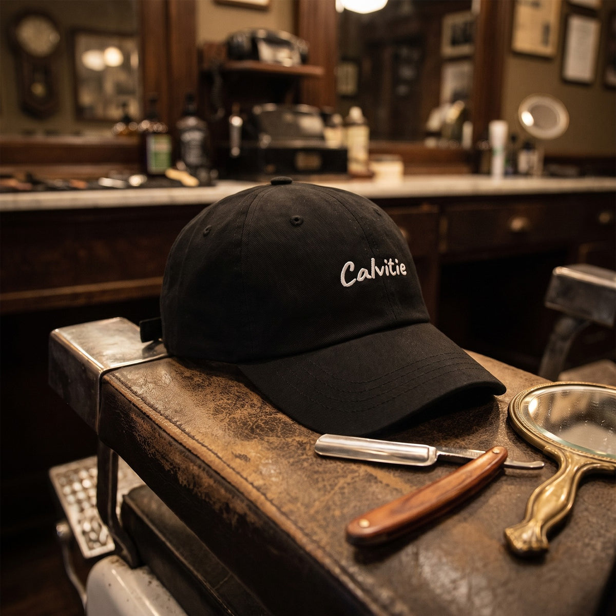 Casquette baseball noire brodée Calvitie en écriture manuscrite blanche posée sur l'accoudoir d'un fauteuil de barbier vintage à côté d'un rasoir coupe-chou et d'un miroir à main - CHT'M Boutique