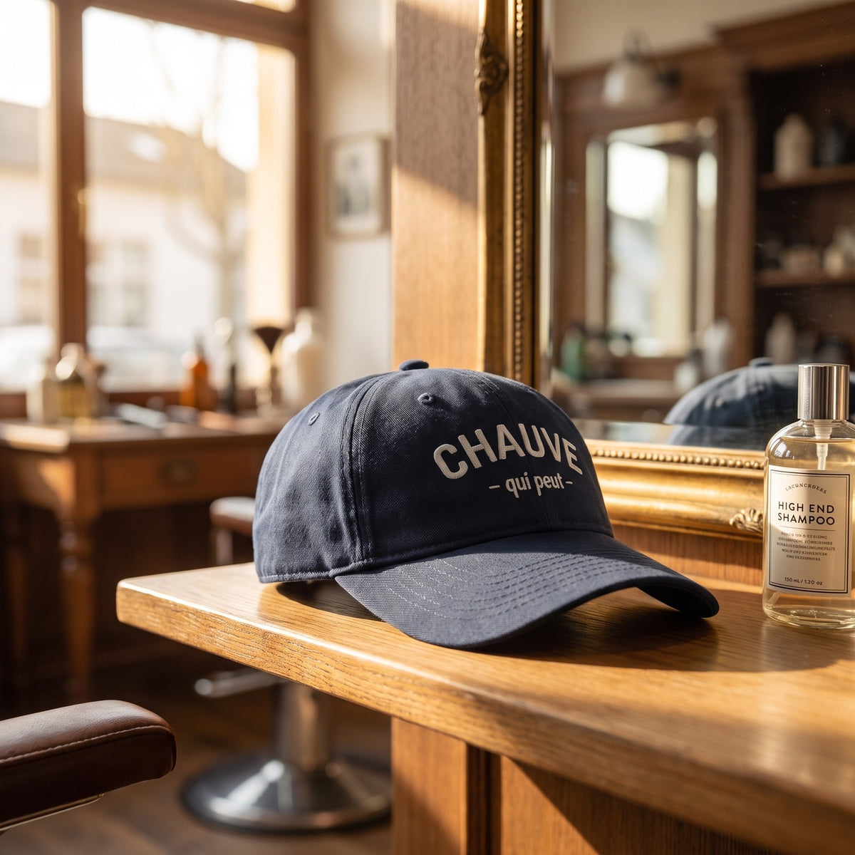 Casquette baseball bleu marine brodée CHAUVE qui peut en gris clair posée sur l'étagère ensoleillée d'un salon de coiffure à côté d'un miroir et d'un flacon de shampoing dans la lumière vive du matin - CHT'M Boutique