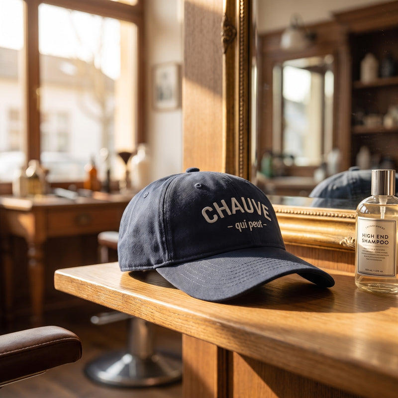 Casquette baseball bleu marine brodée CHAUVE qui peut en gris clair posée sur l'étagère ensoleillée d'un salon de coiffure à côté d'un miroir et d'un flacon de shampoing dans la lumière vive du matin - CHT'M Boutique