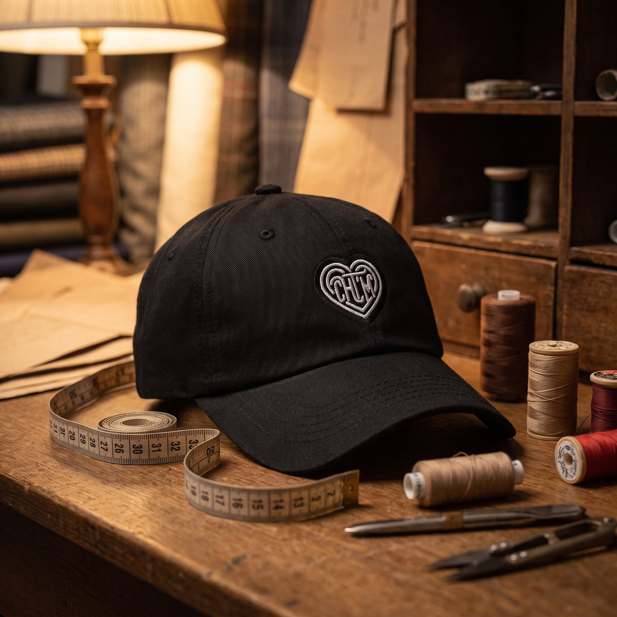 Casquette baseball CHT'M noire posée sur l'établi d'un tailleur avec un mètre ruban et des bobines de fil - CHT'M Boutique
