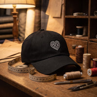 Casquette baseball CHT'M noire posée sur l'établi d'un tailleur avec un mètre ruban et des bobines de fil - CHT'M Boutique