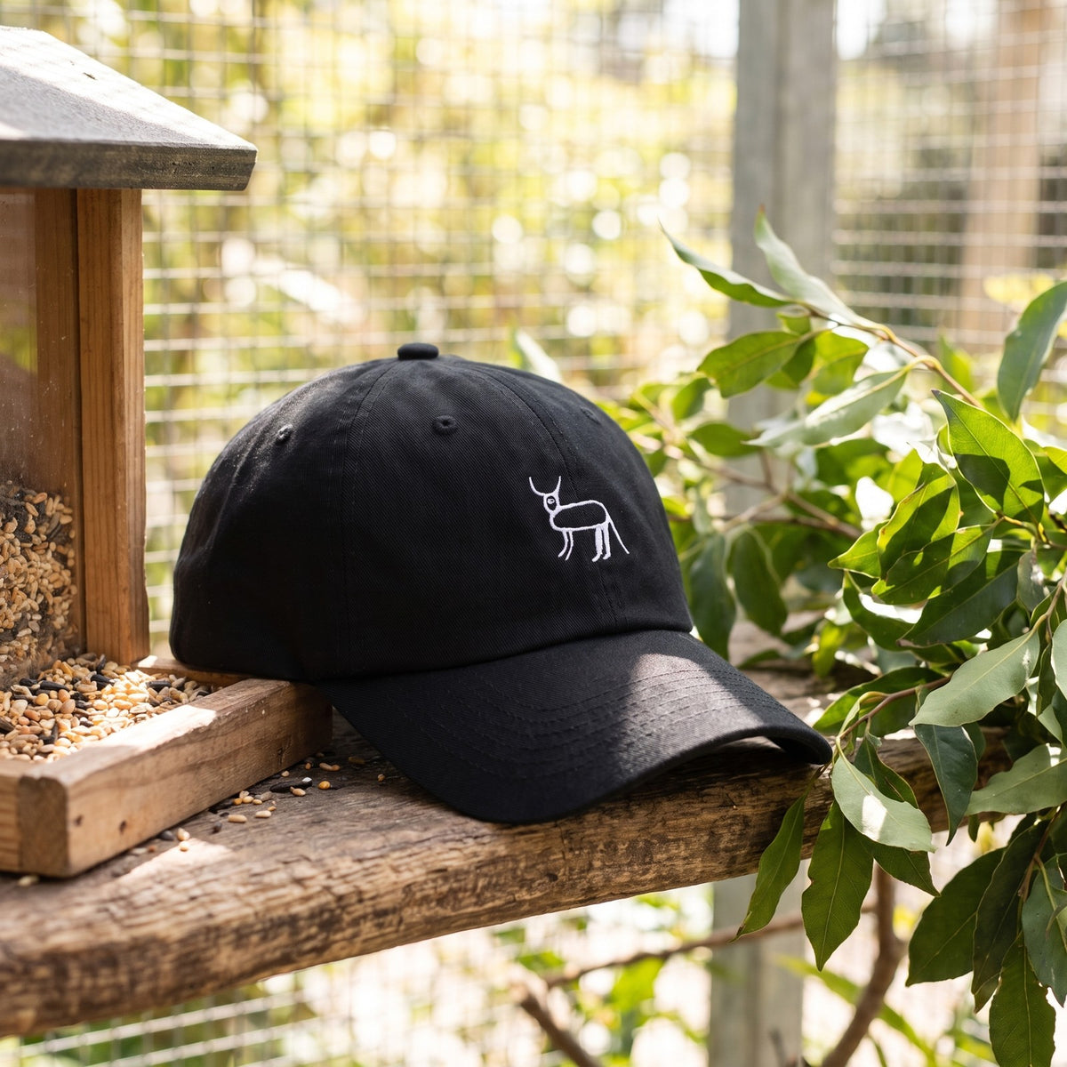 Casquette baseball noire brodée d'un cerf blanc au trait avec un petit texte blanc sur le côté posée sur un perchoir dans une volière lumineuse à côté d'une mangeoire et de feuilles vertes, lumière douce du jour - CHT'M Boutique