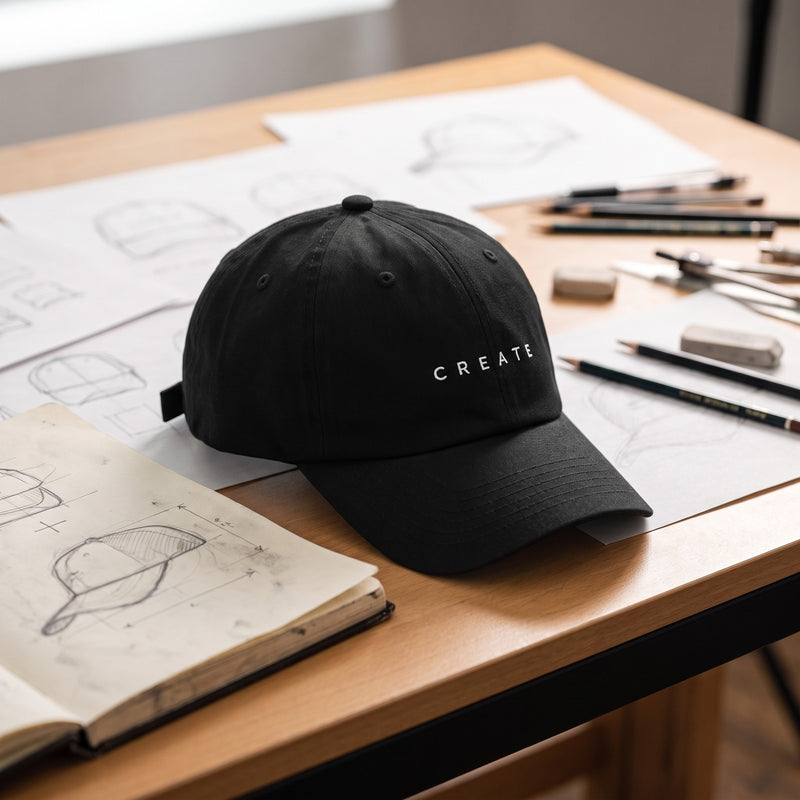 Casquette baseball noire brodée CREATE en blanc, lettres espacées posée sur une table à dessin couverte de croquis, de crayons et d'un carnet, lumière vive d'atelier - CHT'M Boutique