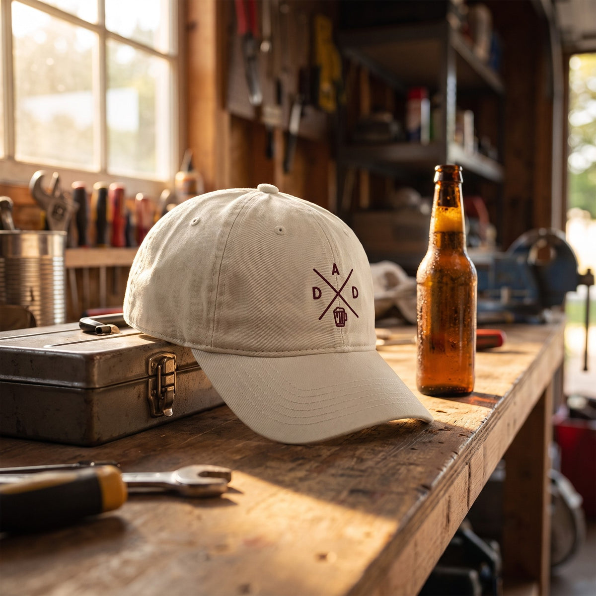 Casquette baseball oyster brodée du monogramme DAD bordeaux avec une chope de bière posée sur un établi de garage à côté d'une boîte à outils et d'une bière fraîche sous une lumière chaude d'après-midi - CHT'M Boutique