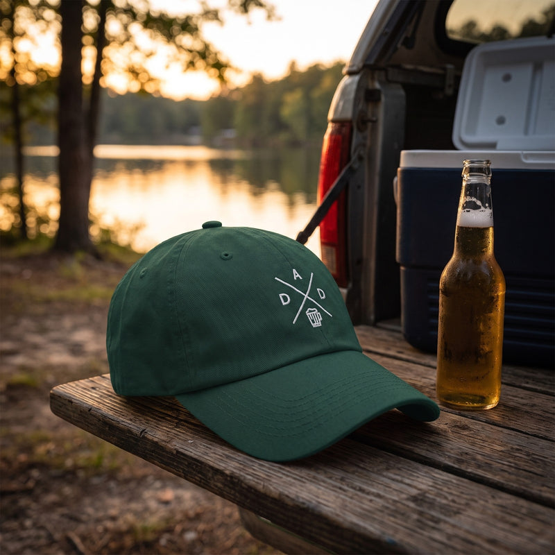 Casquette baseball vert épicéa brodée du monogramme DAD blanc avec une chope de bière posée sur le hayon d'un pick-up au bord d'un lac au crépuscule à côté d'une bière fraîche - CHT'M Boutique