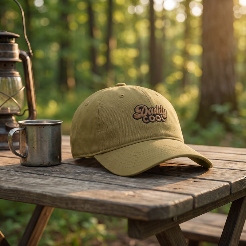 Casquette baseball vert olive brodée Daddy COOL en écriture rétro marron cernée de sombre posée sur une table de camping à côté d'un gobelet en fer et d'une lanterne dans une clairière verte - CHT'M Boutique