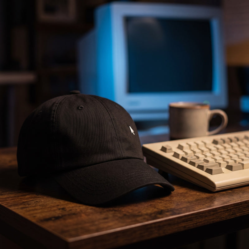 Casquette baseball noire brodée d'une flèche de souris blanche, posée sur un bureau à côté d'un clavier vintage et d'un vieil écran d'ordinateur la nuit - CHT'M Boutique