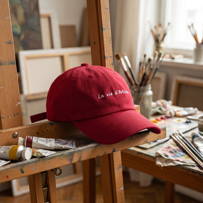 Casquette baseball rouge canneberge brodée La vie d'Artiste en écriture blanche posée sur un chevalet dans un atelier de peintre à côté de tubes de peinture et de pinceaux, lumière d'une fenêtre nord - CHT'M Boutique