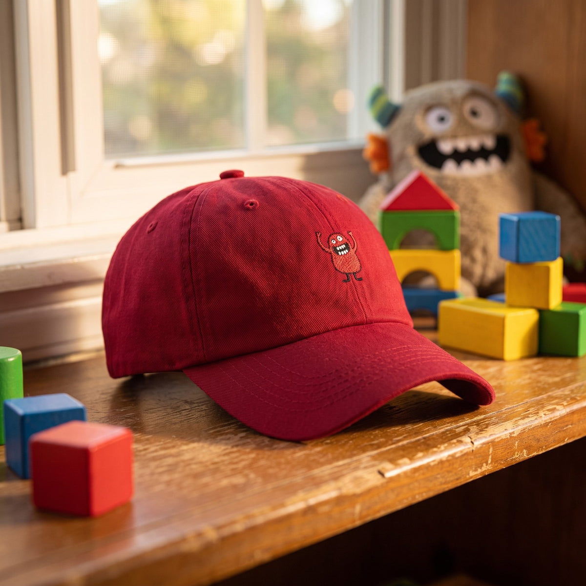 Casquette baseball rouge canneberge brodée d'un petit monstre rouge de dessin animé aux bras levés posée sur l'étagère d'une chambre d'enfant parmi des cubes colorés et une peluche, lumière chaude et joyeuse - CHT'M Boutique