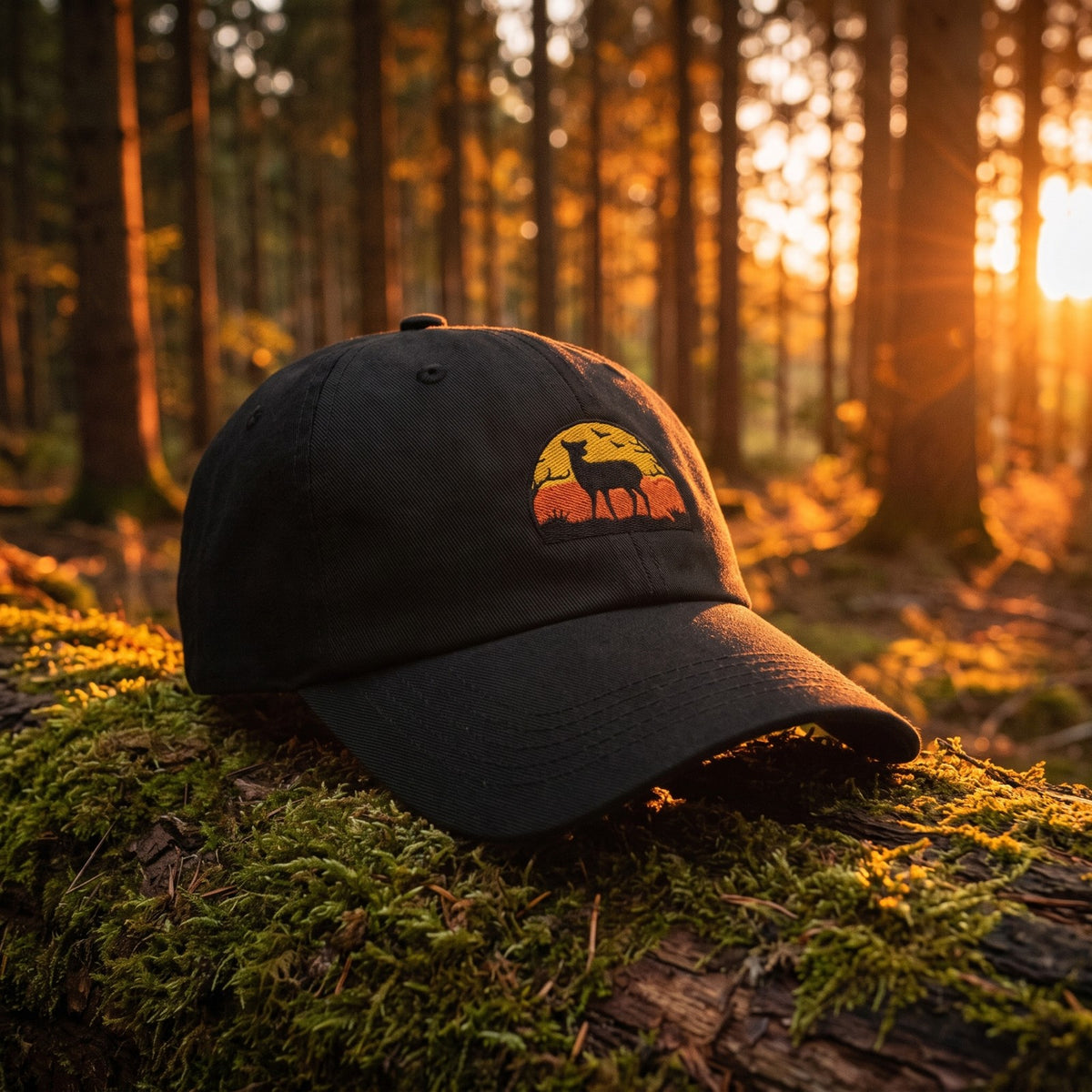 Casquette baseball noire brodée d'un soleil couchant orange et jaune avec une silhouette de biche noire posée sur un tronc moussu à la lisière d'une forêt au coucher du soleil avec une lumière orange entre les arbres - CHT'M Boutique