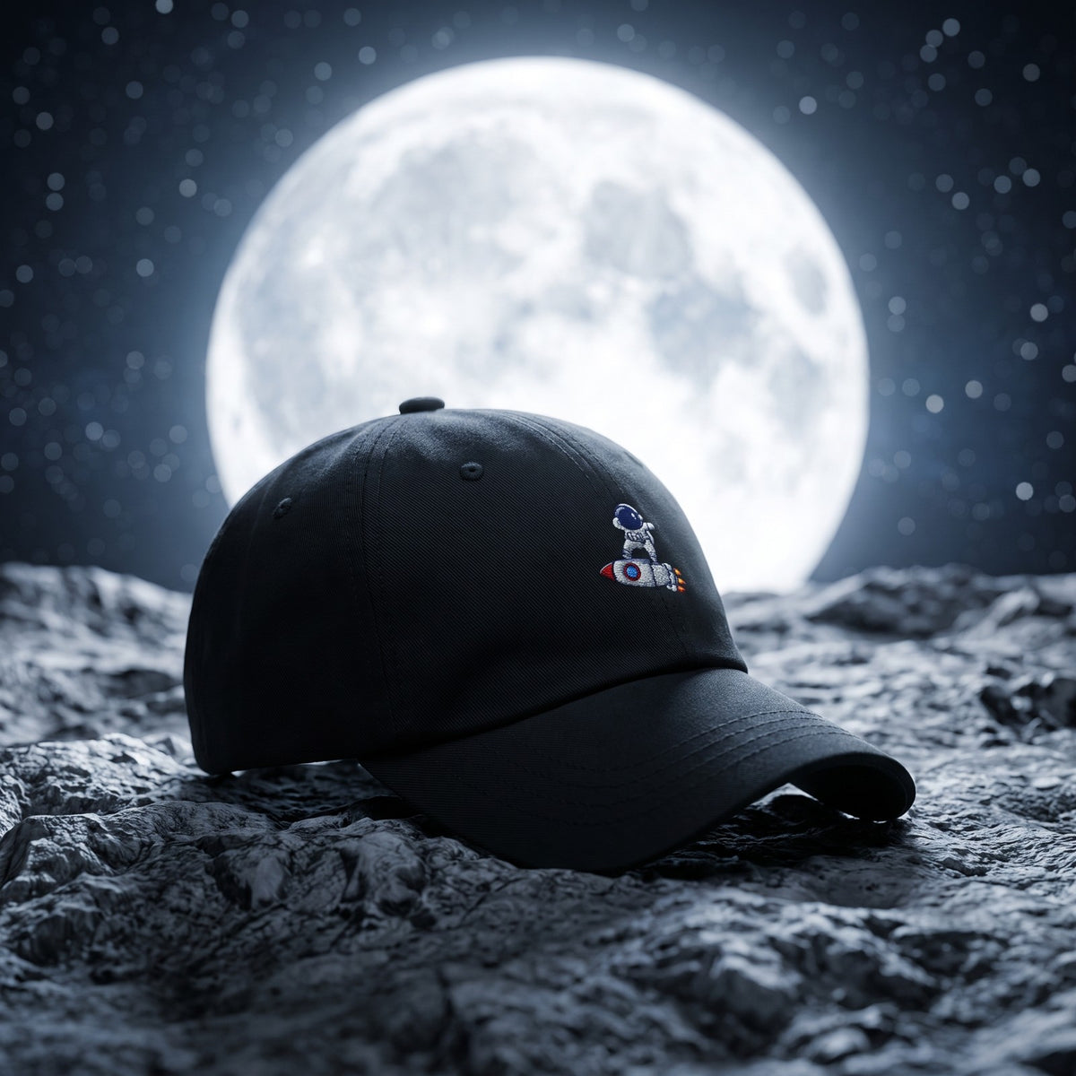 Casquette baseball noire brodée d'un petit astronaute avec le logo Cht'm posée sur une surface rocheuse lunaire devant une immense pleine lune et des étoiles, lumière nocturne cinématographique - CHT'M Boutique