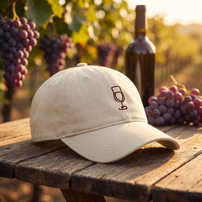 Casquette baseball oyster brodée d'un verre de vin bordeaux au trait posée sur une table rustique dans un vignoble avec du raisin et une bouteille sous le soleil chaud de fin de journée - CHT'M Boutique