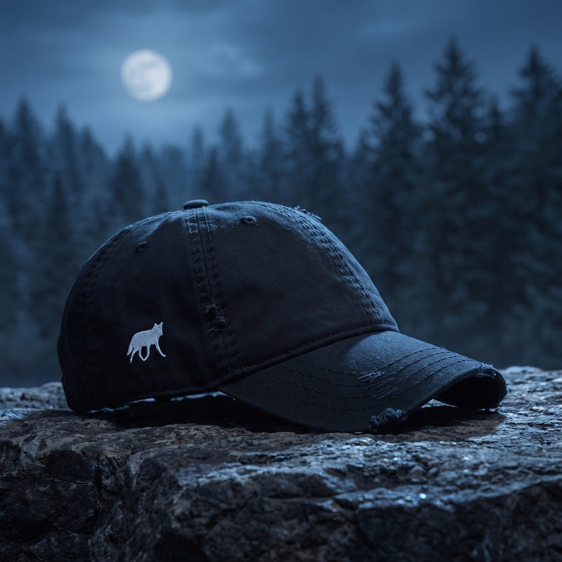 Casquette baseball noire effet usé brodée d'une petite silhouette de loup blanc sur le côté, effet usé posée sur une corniche rocheuse la nuit avec une lune pâle et une forêt de pins floue derrière, lumière bleue froide - CHT'M Boutique