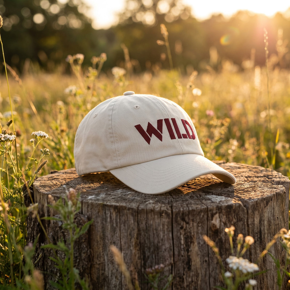 Casquette baseball oyster brodée WILD en bordeaux foncé posée sur une souche dans une prairie sauvage avec de hautes herbes et des fleurs des champs à l'heure dorée - CHT'M Boutique
