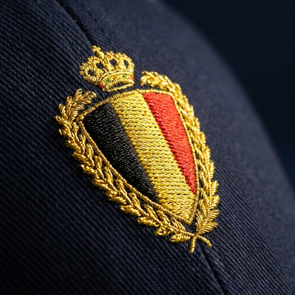 Macro de la broderie fil doré du blason belge sur la casquette Flexfit bleu marine
