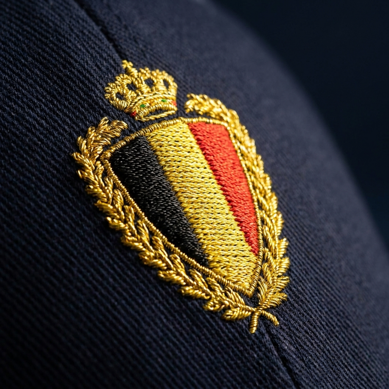 Homme portant la casquette belge Flexfit bleu marine au blason belge brodé fil doré, ambiance streetwear à Bruxelles