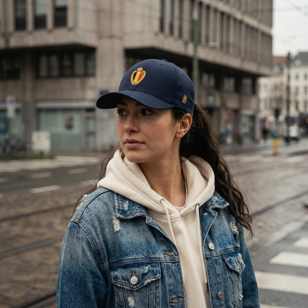 Femme portant la casquette belge Flexfit brodée blason Belgique, look streetwear urbain
