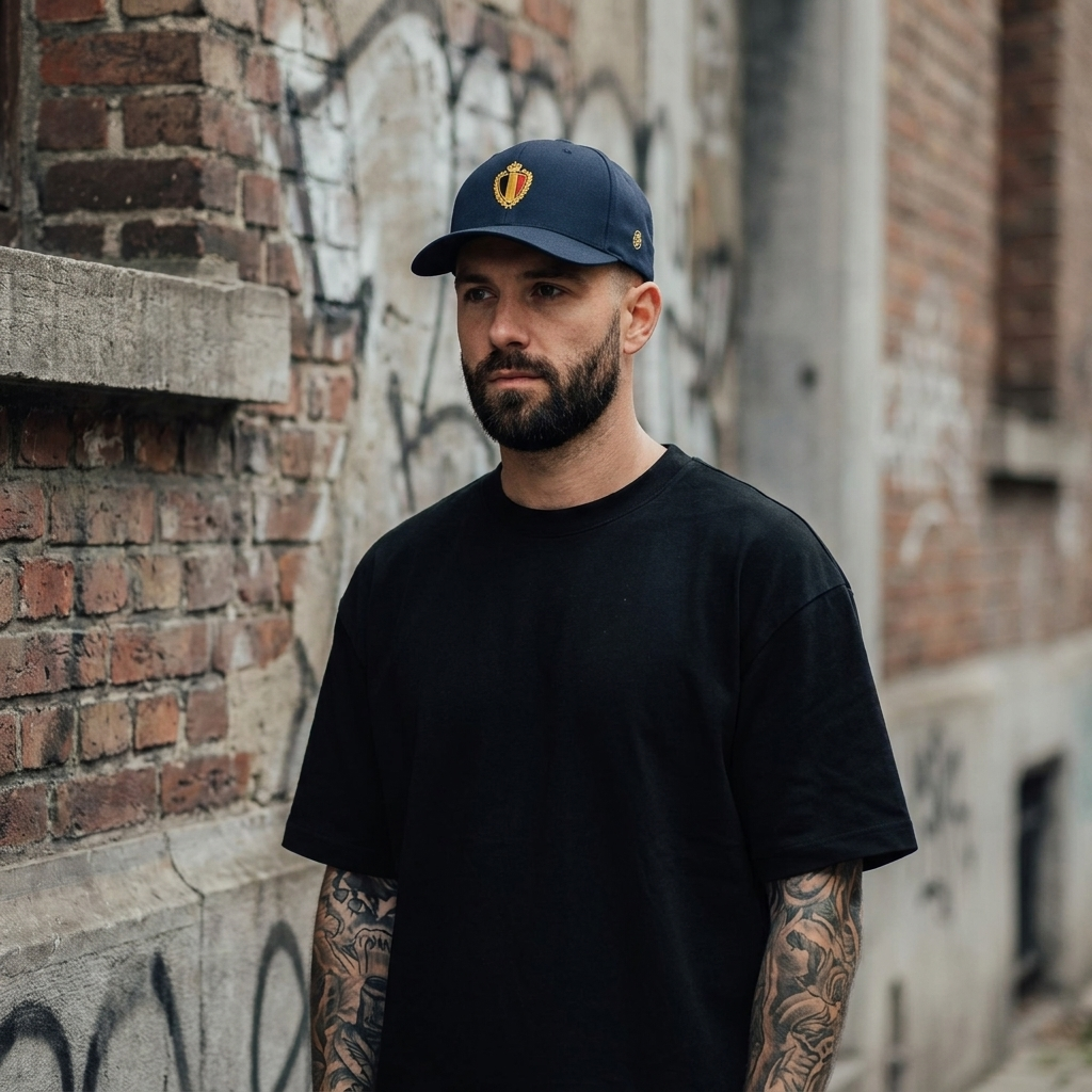 Homme portant la casquette belge Flexfit bleu marine au blason belge brodé fil doré, ambiance streetwear à Bruxelles