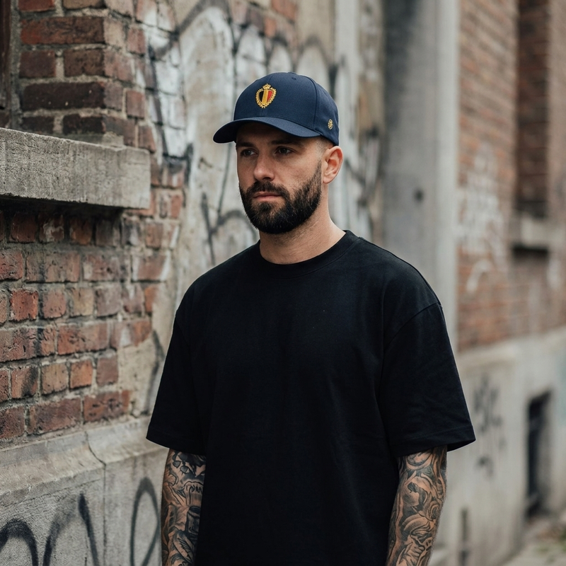 Homme portant la casquette belge Flexfit bleu marine au blason belge brodé fil doré, ambiance streetwear à Bruxelles