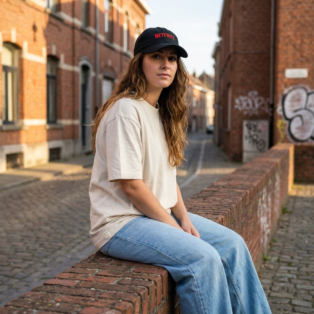 Casquette belge NETFRITE portée par une femme dans une rue pavée, ambiance éditoriale streetwear