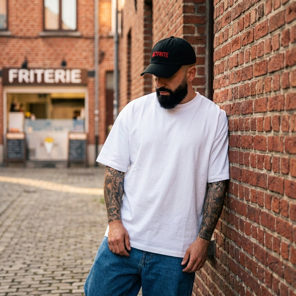 Casquette humour belge NETFRITE portée par un homme devant une friterie, look streetwear urbain