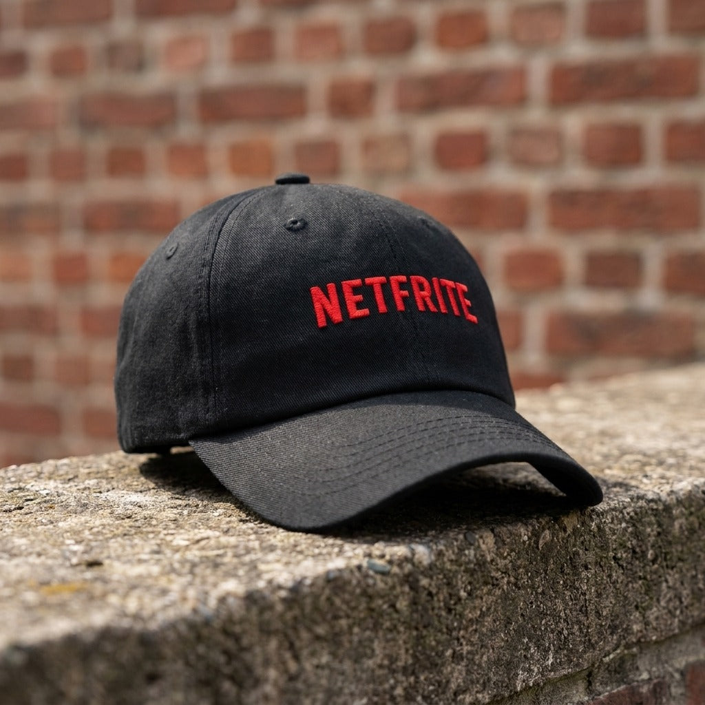 Casquette originale NETFRITE noire posée sur un muret – vue trois quarts, visière courbée