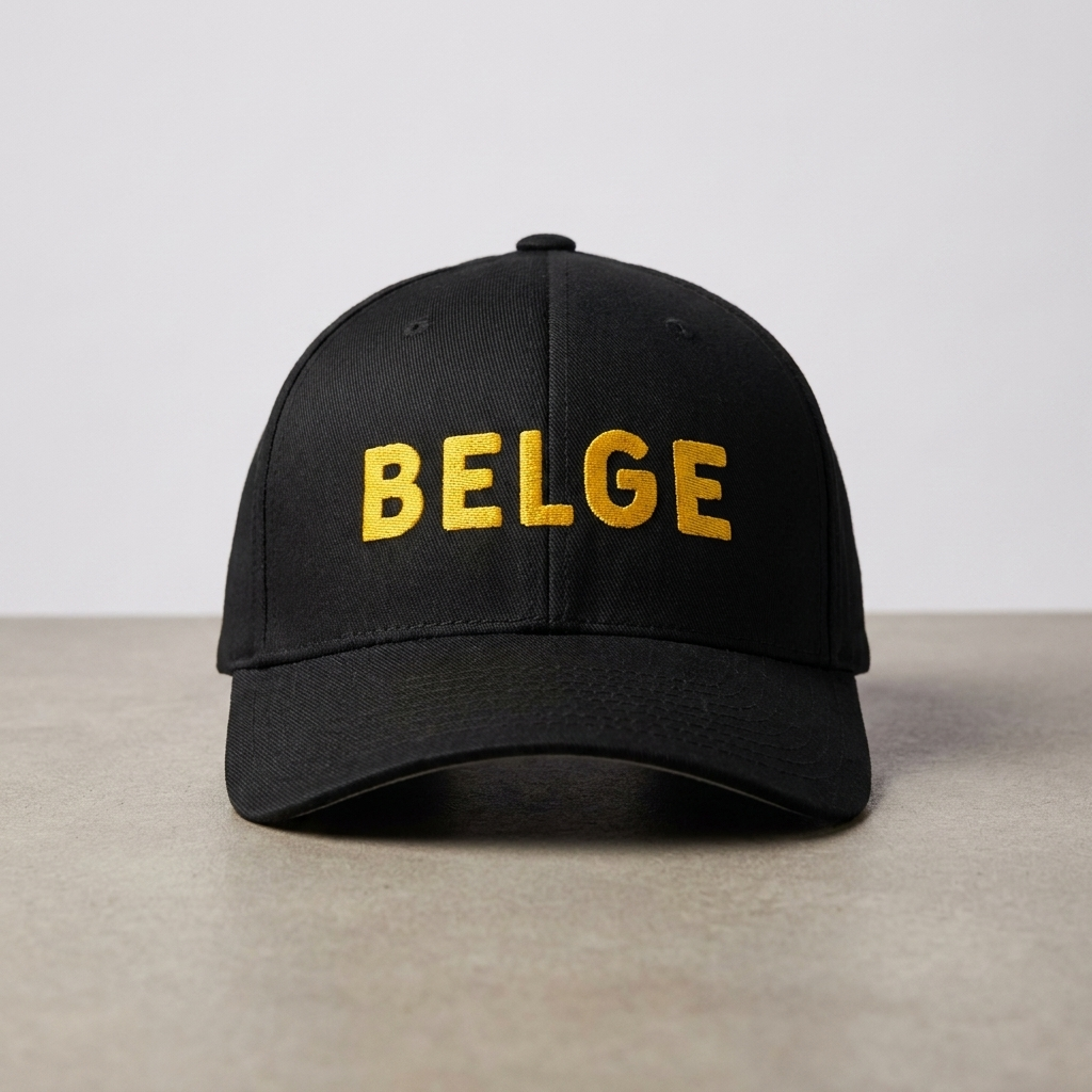 Casquette belge noire non portée, lettrage BELGE brodé fil doré vu de face