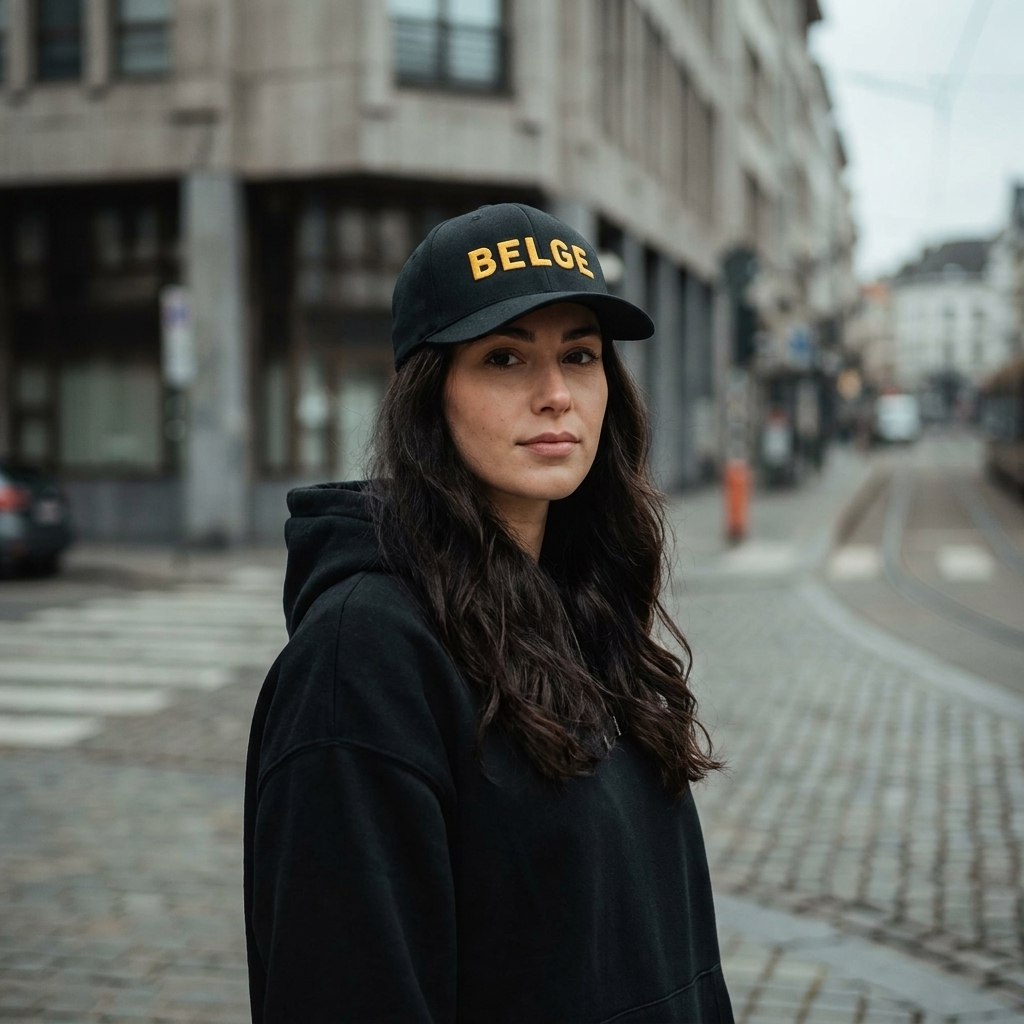 Femme portant la casquette belge noire brodée or, look streetwear urbain