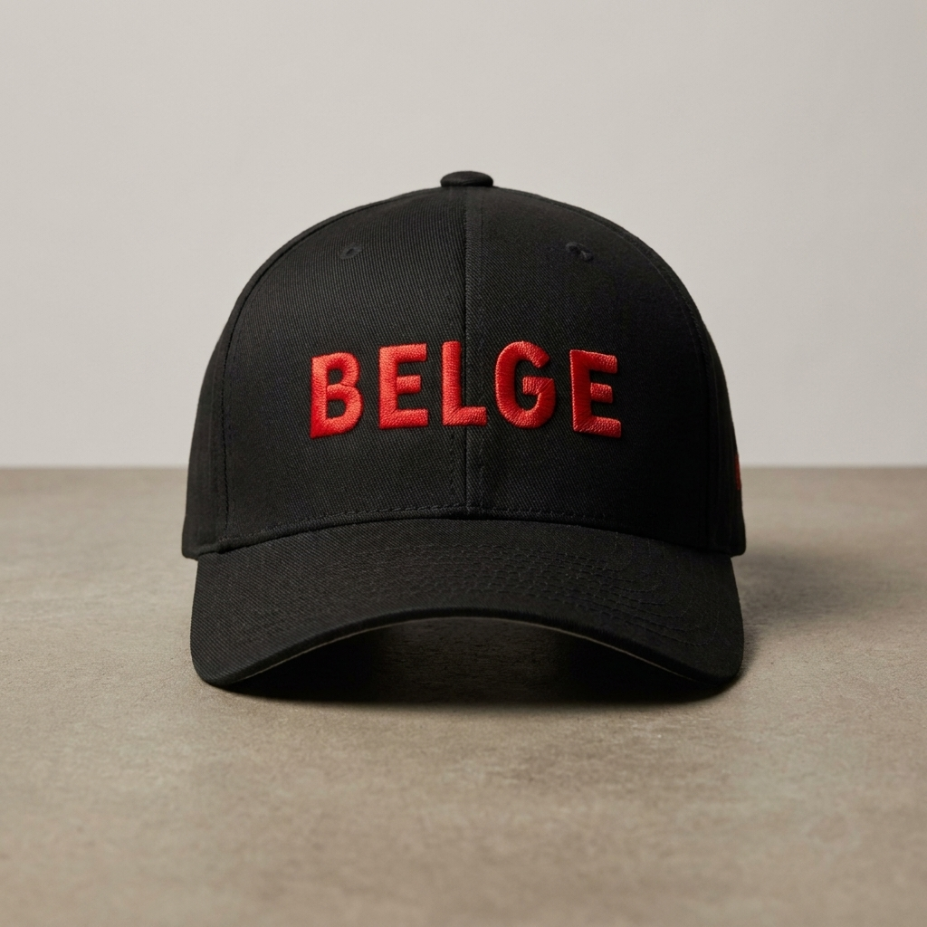 Casquette belge noire non portée, lettrage BELGE brodé fil rouge vu de face