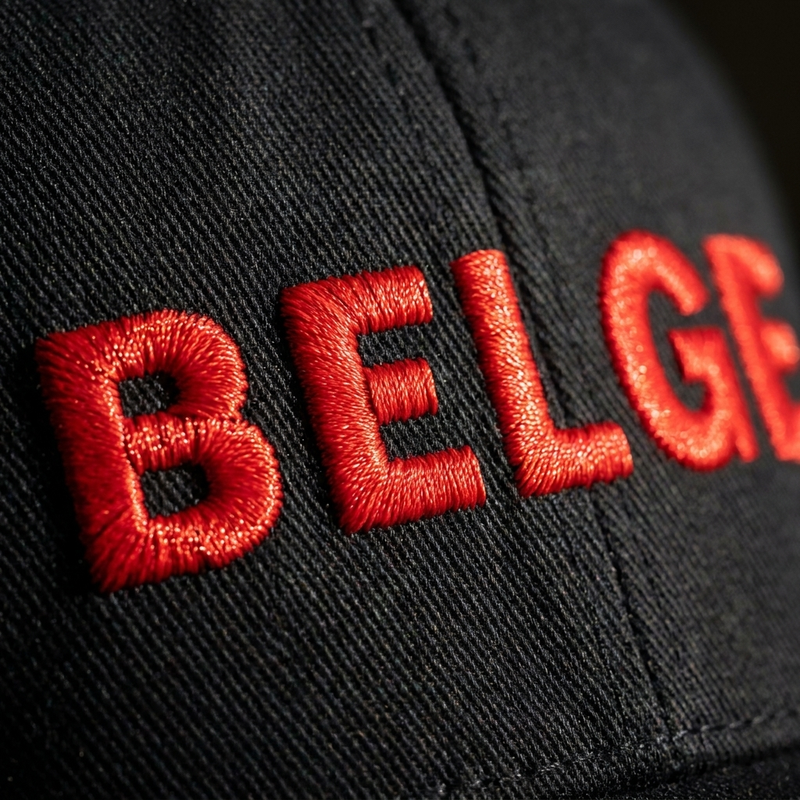 Homme portant la casquette belge noire Flexfit, mot BELGE brodé fil rouge, streetwear à Bruxelles