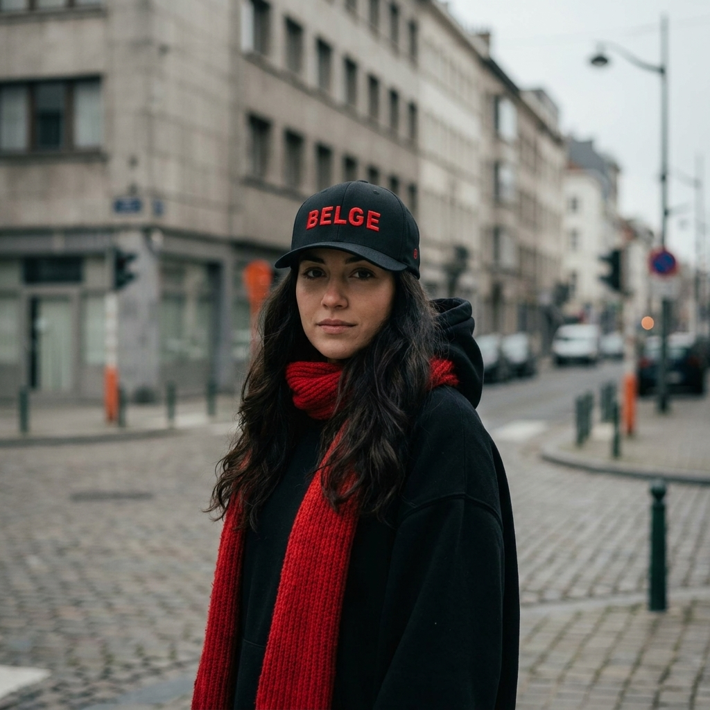 Femme portant la casquette belge noire brodée rouge, look streetwear urbain