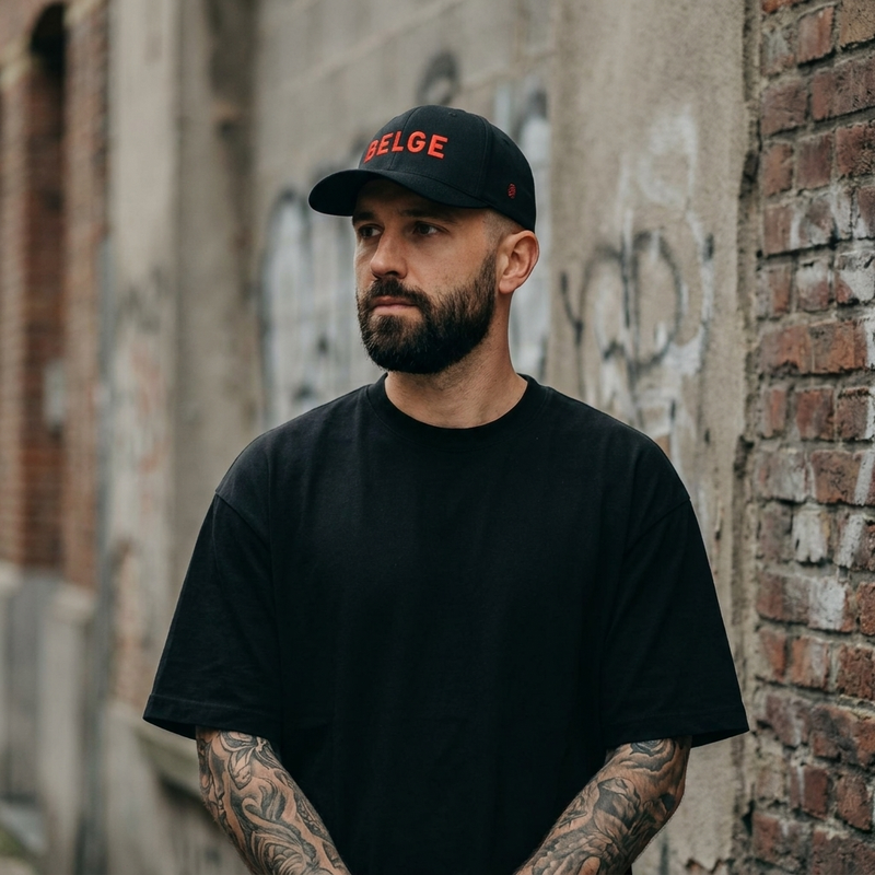 Homme portant la casquette belge noire Flexfit, mot BELGE brodé fil rouge, streetwear à Bruxelles