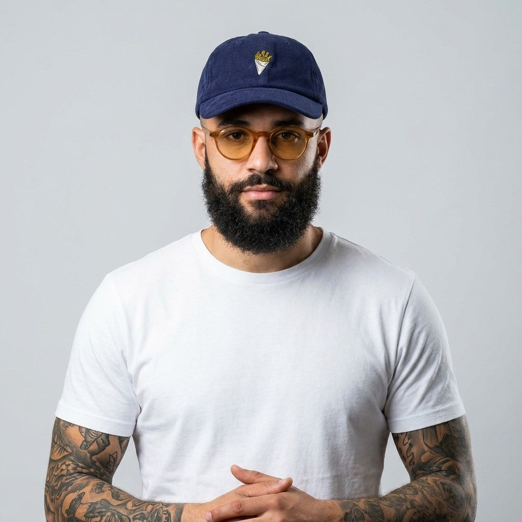 Casquette belge en velours côtelé avec frites brodées portée par un homme - photo studio