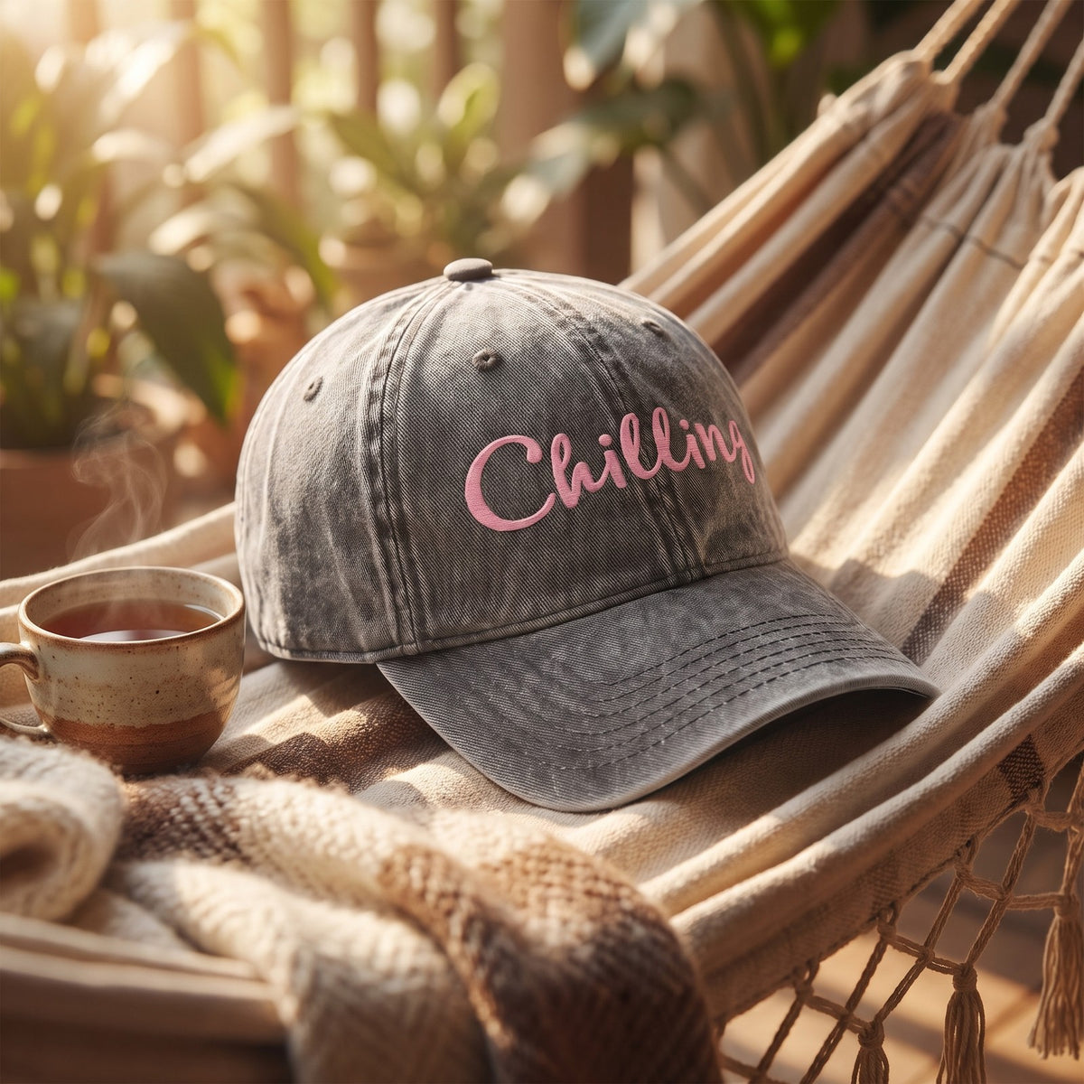 Casquette femme grise délavée brodée Chilling rose posée sur un hamac dans une véranda ensoleillée - CHT'M Boutique