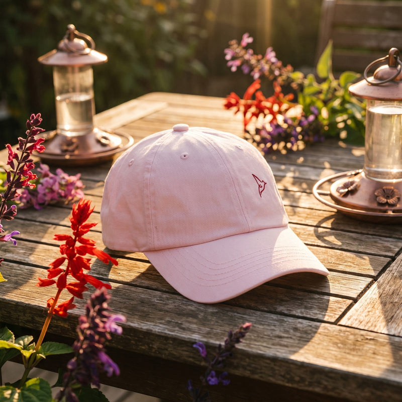 Casquette rose pastel brodée colibri posée sur une table de jardin parmi des fleurs de sauge et des mangeoires à colibris - CHT'M Boutique