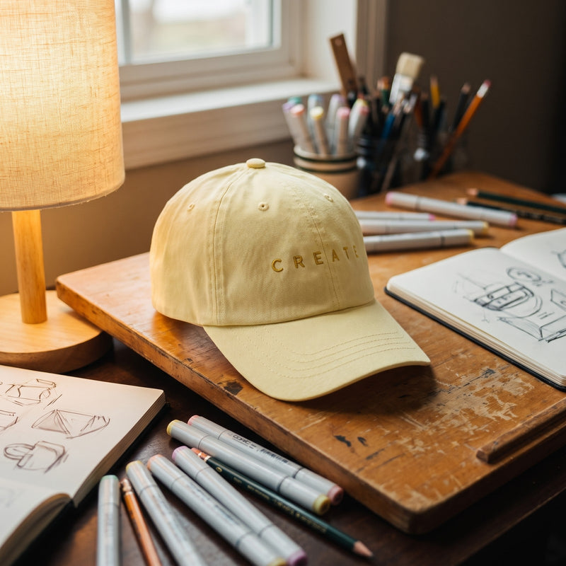 Casquette jaune pastel brodée Create posée sur la table à dessin d'un illustrateur avec des carnets et des feutres pastel - CHT'M Boutique