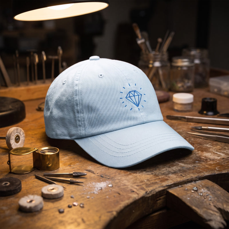 Casquette bleu pastel brodée Diamond posée sur l'établi d'un lapidaire avec une loupe et des outils de polissage - CHT'M Boutique