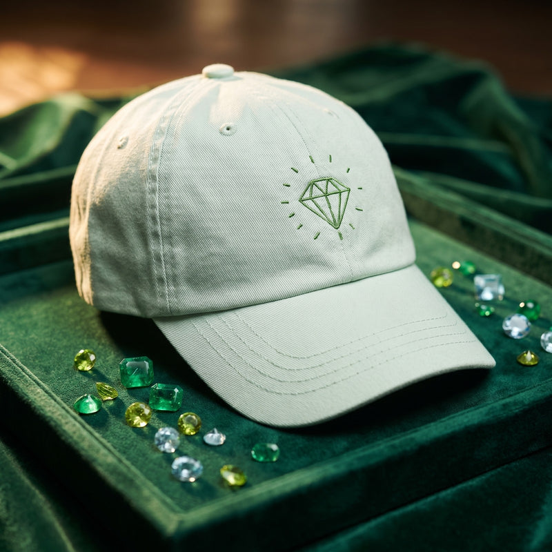 Casquette vert pastel brodée Diamond posée sur un plateau de bijoutier en velours avec des pierres précieuses - CHT'M Boutique