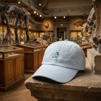 Casquette bleu pastel brodée dinosaure posée sur un socle dans une salle de musée d'histoire naturelle à côté de fossiles - CHT'M Boutique
