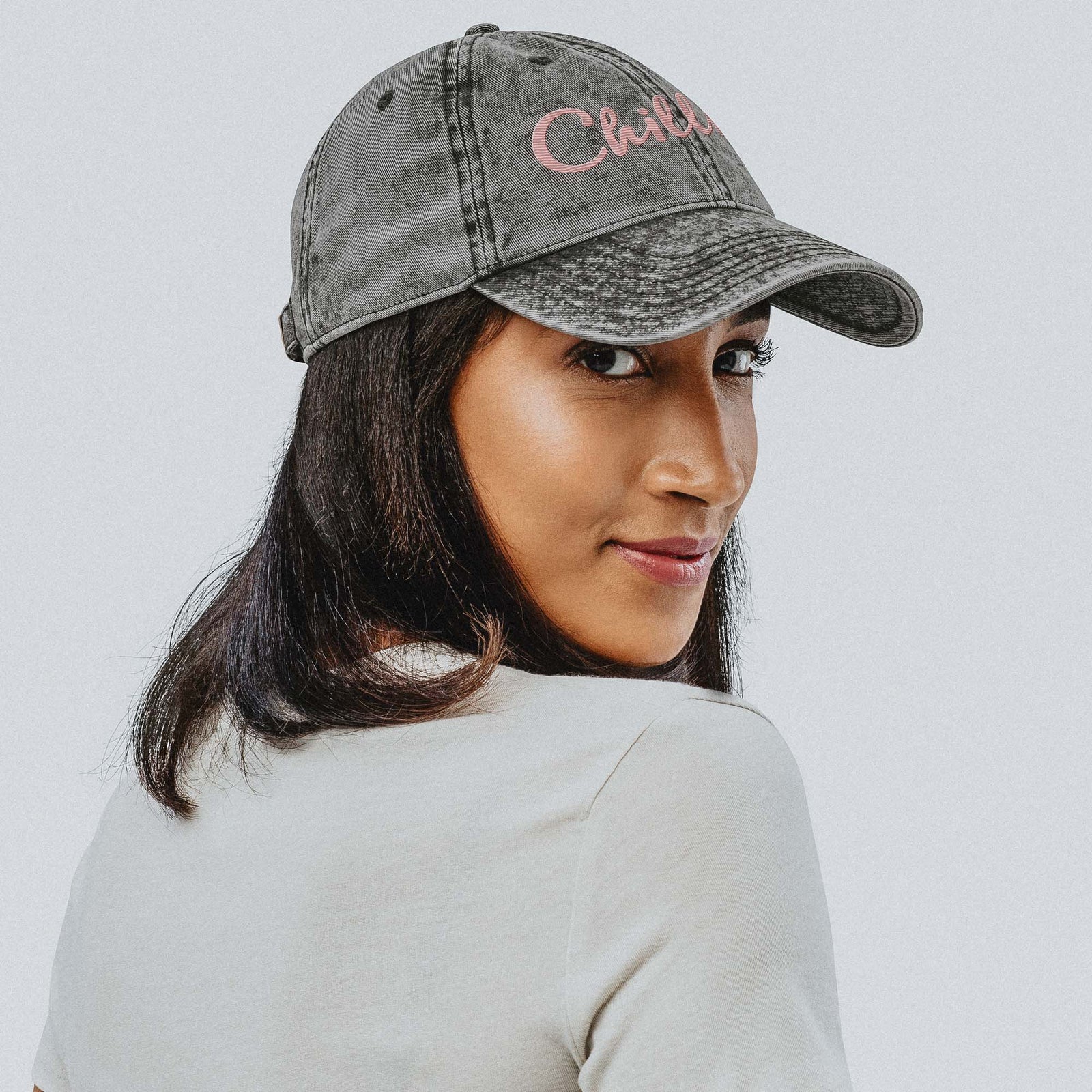 Casquette Femme « Chilling » – Gris Délavé Brodé Rose