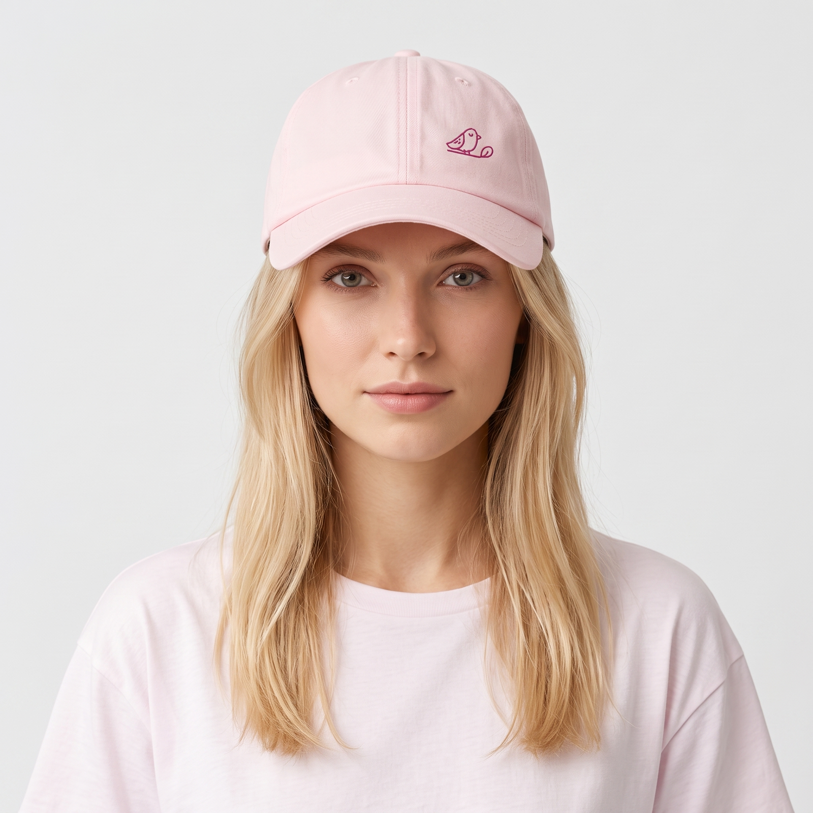 Femme blonde portant la casquette femme rose pastel brodée oiseau, fond clair